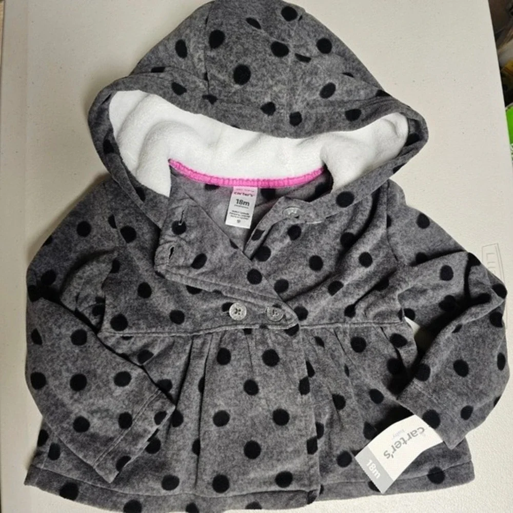 Carters Baby Girls Gray Black Polka Dot Fleece Hooded Peacoat Jacket 18M NWT‎